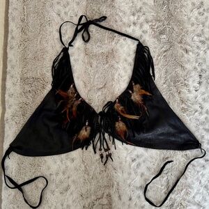 Black Leather Bra/Halter Top with Feathers